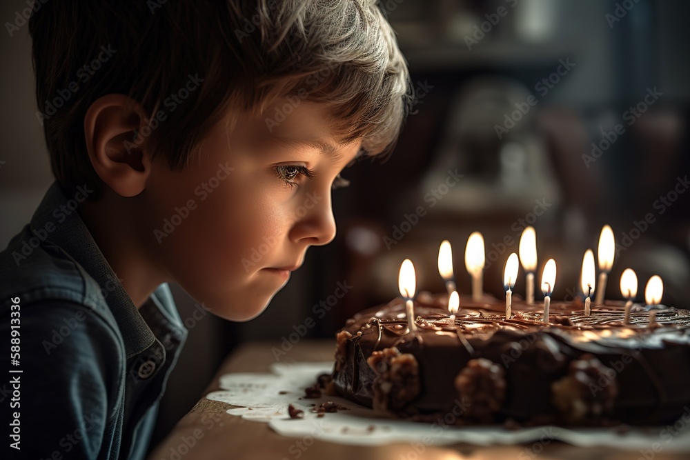 Little sad boy in from of his birthday cake with candles. Generative AI Little sad boy in from of his birthday cake with candles. Generative AI