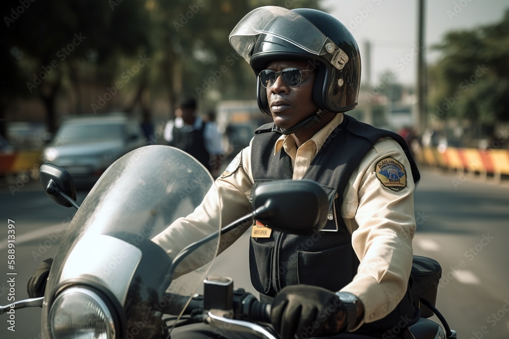 African American policeman riding his motorcycle in the streets. Generative AI African American policeman riding his motorcycle in the streets. Generative AI