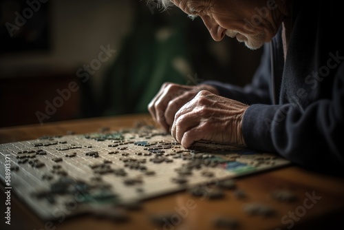 Close up shot of senior man fitting pieces with puzzle at home. Leisure activity for elderly people concept. Generative AI