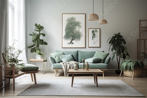 With a mint sofa  pillow  coffee table  sculpture  plants  books  and exquisite accessories  this room s d  cor is stylish and simple. The color scheme of eucalyptus. Living room design. Template