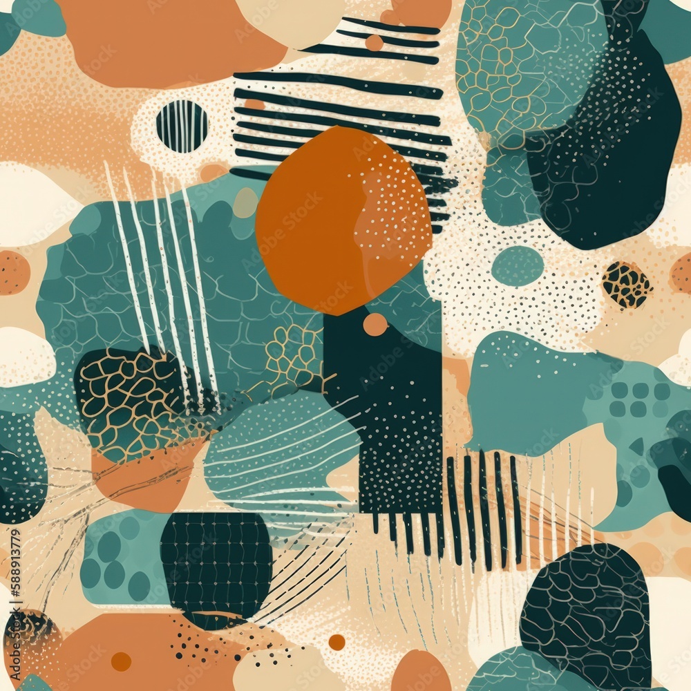 Fototapeta premium Diverse, Versatile Seamless Pattern: Organic Elements, Textures, Balanced Composition, Detailed, Abstract Features - Generative AI