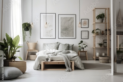 White Scandinavian bedroom with poster above shelves with a lamp, pouf, and leaves. Generative AI © 2rogan