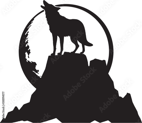 Coyote Silhouette Vector with Moon and rock backdrop