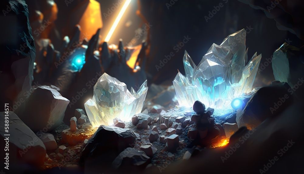 Glowing magical crystals in a cave (ai generate) Stock Illustration ...