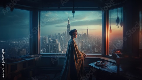 Capturing the Majestic Cityscape: Tim Walker's Epic Shot of a Woman's Silhouette Gazing through a Window with a Mix of Studio and Colored Lighting, Generative AI