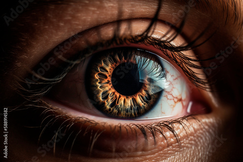 A beautiful realistic close-up of a human brown eye, captured with extreme zoom, showing the eye's color and texture nuances, Generative ai