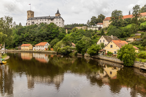 View of Rozmberk castle and village Rozmberk nad Vltavou, Czech Republic