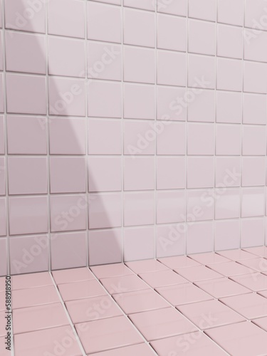 3D Rendering Bathroom or Kitchen Pastel Tiles under Sunlight Background for Toiletries or Kitchenware Product Display