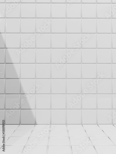 3D Rendering Bathroom or Kitchen Pastel Tiles under Sunlight Background for Toiletries or Kitchenware Product Display