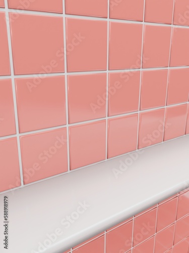 3D Rendering Bathroom or Kitchen Pastel Tiles under Sunlight Background for Toiletries or Kitchenware Product Display