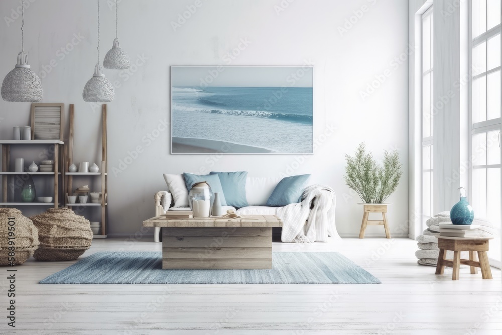 Living area with a coastal theme. White mock wall with comfortable interior of a home. Image in the Hamptons. Generative AI - obrazy, fototapety, plakaty 
