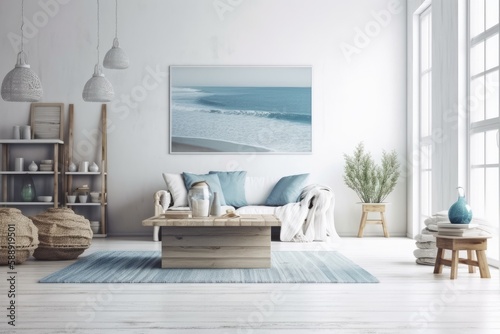 Living area with a coastal theme. White mock wall with comfortable interior of a home. Image in the Hamptons. Generative AI