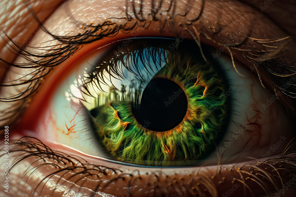 A beautiful realistic closeup of a human green eye, captured with