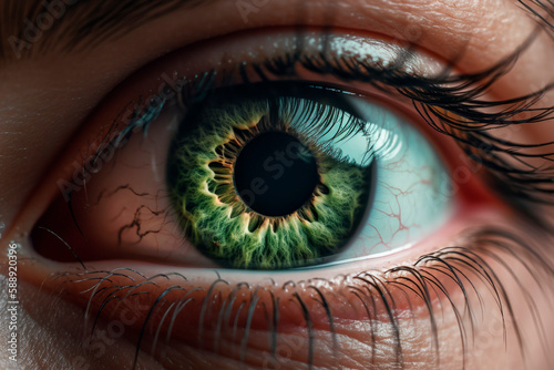 A beautiful realistic close-up of a human green eye, captured with extreme zoom, showing the eye's color and texture nuances, Generative ai