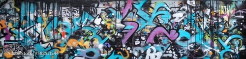 Vibrant colors come alive in this street art mural, expressing the artists creativity through a mix of text and graffiti. Full Frame, Generative AI 