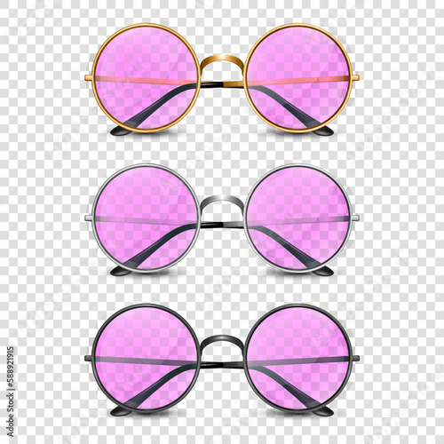 Vector 3d Realistic Modern Unisex Frame Glasses. Golden, Silver, Black Color Frame. Pink Transparent Sunglasses for Women and Men, Accessory. Optics, Lens, Vintage, Trendy Glasses. Front View