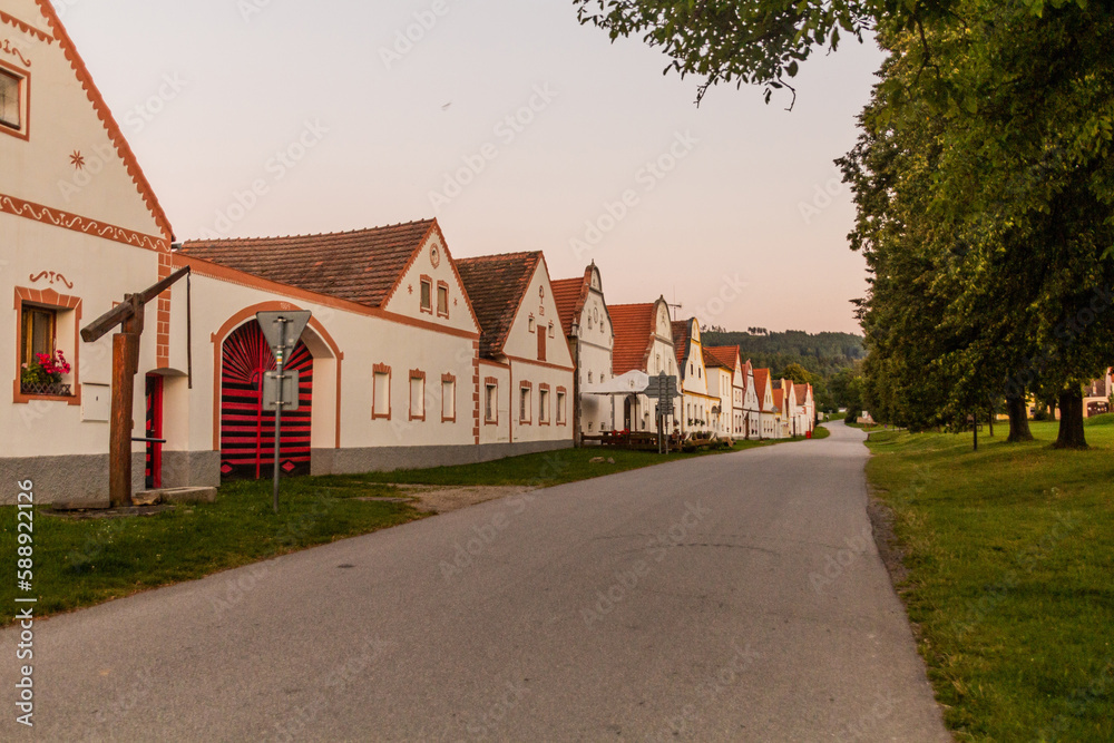 Traditional houses of rural baroque style in Holasovice village, Czech Republic