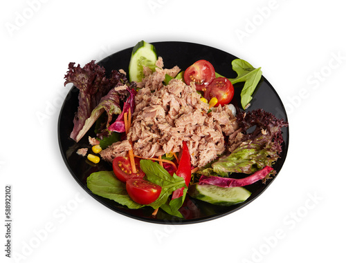 Tuna Salad on Black Plate Isolated White Background