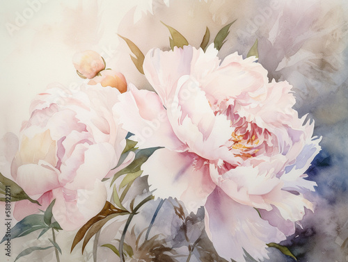 Fototapeta Naklejka Na Ścianę i Meble -  Tender light peony flowers in watercolor painting style. Romantic background. Created with Generative AI