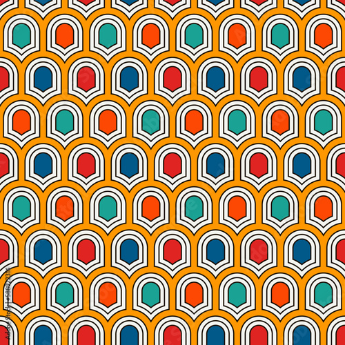 Seamless surface pattern with repeated ancient shields. Geometric figures background. Simple ornament with scale motifs.
