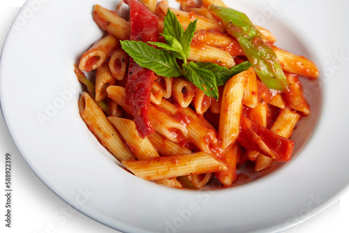 Penne Arrabbiata Pasta With Tomato Sauce on White Plate Isolated White Background Close Up PNG File