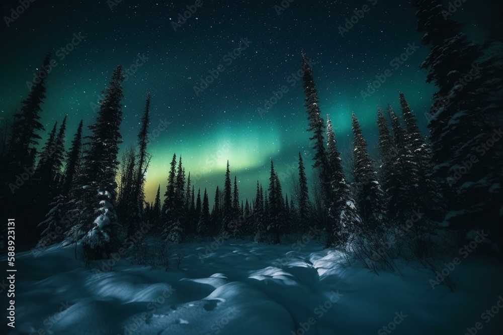 northern lights with snowy night Generative AI