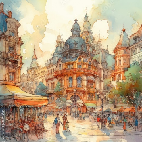 A Watercolor Lively City Square Generative Ai