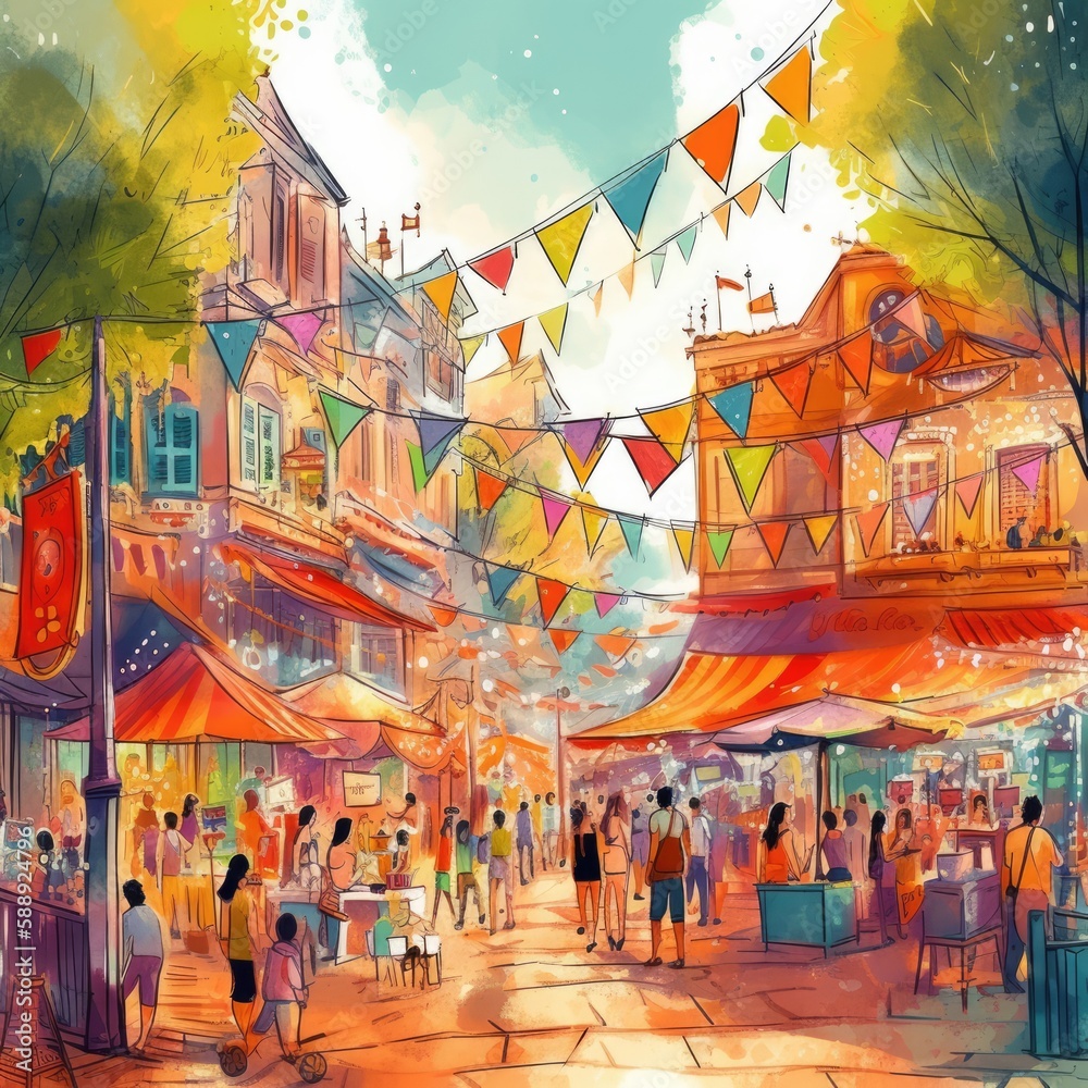 A Watercolor Lively Street Festival Generative Ai