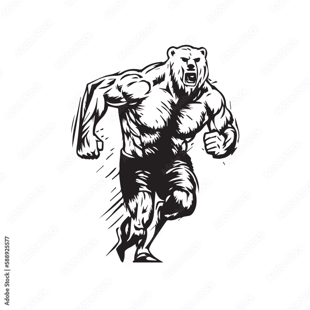 Fototapeta premium Angry running grizzly bear mascot. black white line art vector illustration