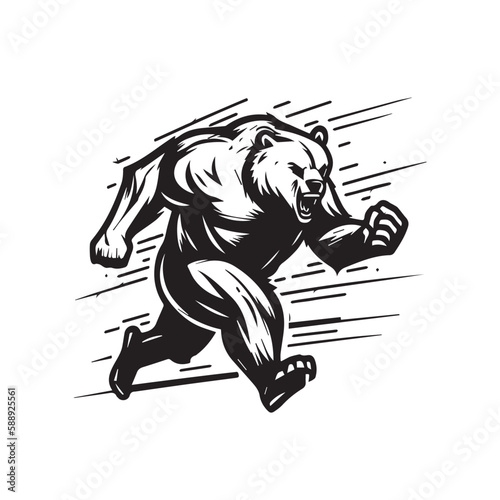 Angry running grizzly bear mascot. black white line art vector illustration