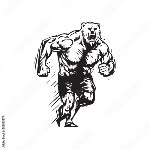 Angry running grizzly bear mascot. black white line art vector illustration