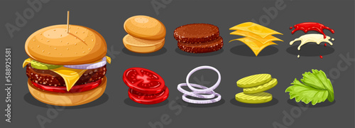 Hamburger with beef meat cutlet, cheese and splashing sauces on dark background. Burger ingredients set. Tomato, pickled cucumbers, onion rings in bun. Vector illustration