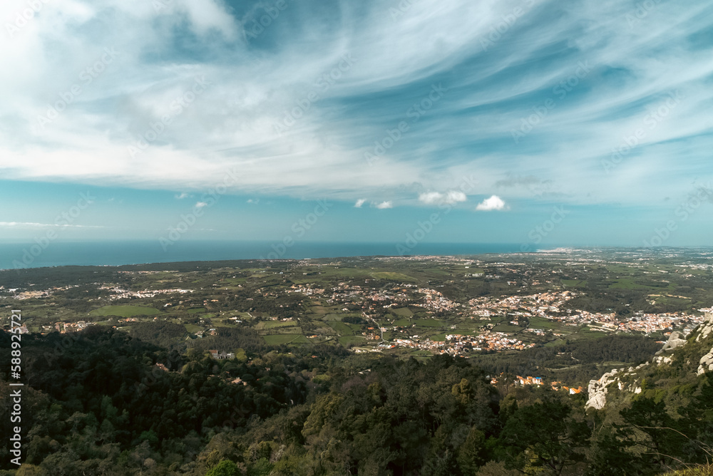 Beautiful natural landscape with a view of Sintra and blue sky. Lisbon, Portugal