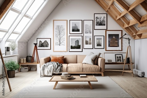 Interior of an attic featuring a couch, a table, and a gallery of framed images on a white wall. Image of a living room. a mockup. Generative AI