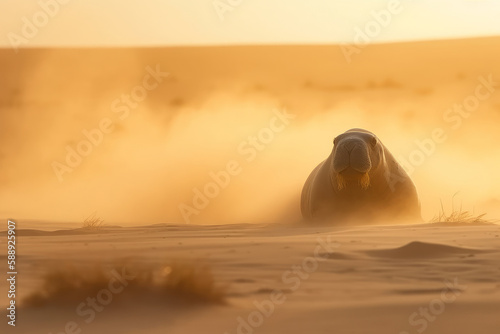 The walrus in the middle of a desert sandstorm, a metaphor for the loneliness and helplessness of animals in the face of climate change and global warming,Generative AI