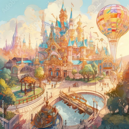 A Watercolor Bustling Amusement Park Generative Ai