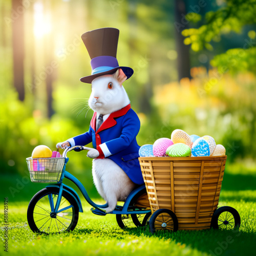 Easter bunny riding a tricycle to bring eater eggs © alma