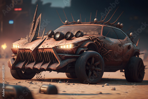 Future fantasy concept car with corrugated iron protection in a post apocalyptic desert wasteland at sunset. Neural network AI generated art photo