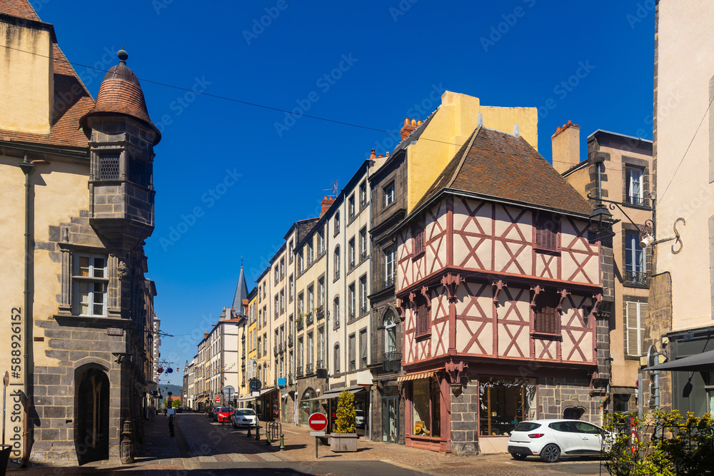 Summer cityscape of old town of Riom with ancient houses and streets in Auvergne, central France