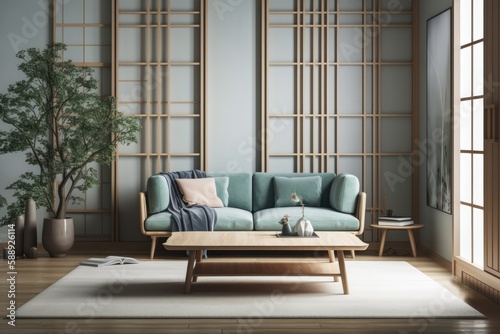 Japanese modern mockup sofa in the living room. Generative AI © 2rogan