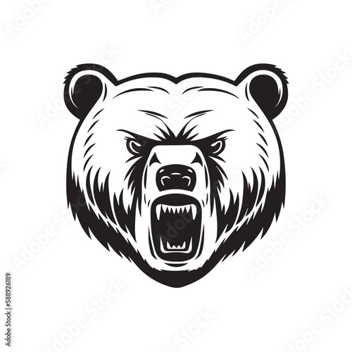 Angry face mascot of grizzly bear. black white line art vector illustration