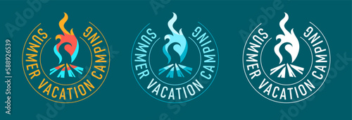 Emblem for camping or touristic organization with burning campfire coloured flame and text in circle. Vector illustration