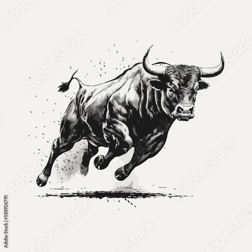 Mascot of running angry bull buffalo. black white line art vector illustration