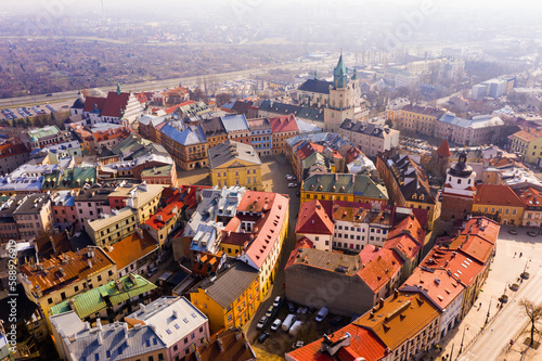 Aerial view of historic part of Lublin overlooking Catholic Archcathedral and Crown Tribunal in Old Town Market, Poland