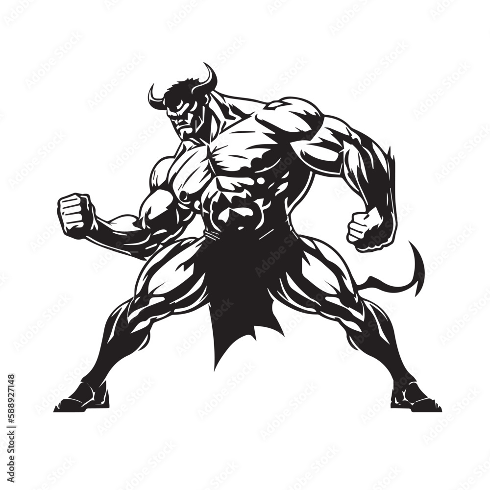 Fototapeta premium Mascot of cool angry bull buffalo devil human muscular body. black white line art vector illustration