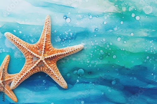 illustration for Star fish, sea star on the blue turquoise watercolor wave summer background. Flat layout generative ai