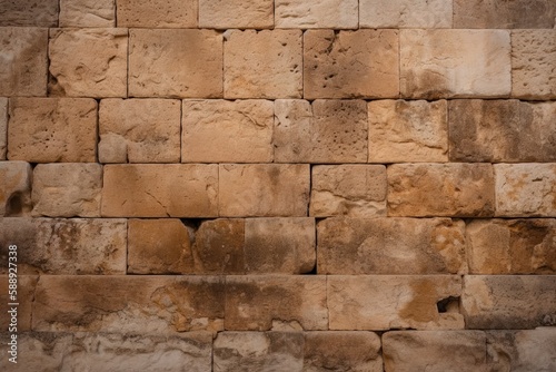 illustration for Old and weathered large stone blocks wall texture. Beige sandstone tones generative ai