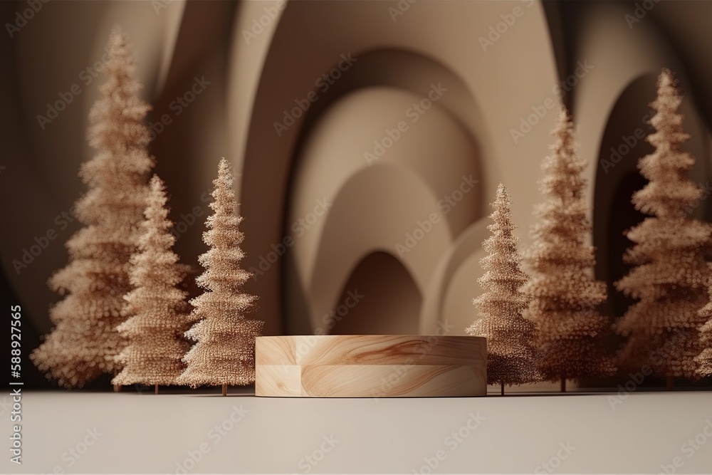 Obraz premium illustration for 3d podium display christmas tree background for product nature christmas beige backdrop with wood stand pedestal wooden realistic showcase brown studio abstract generative ai