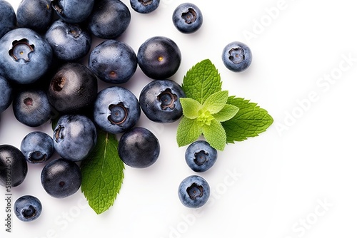 illustration for Blueberries with mint and cut creative flat lay composition with copy space isolated on white generative ai