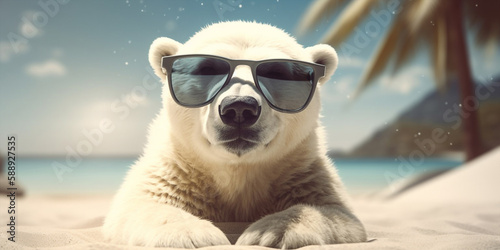 Very Cute Adorable Polar Bear In Sunglasses Enjoys The Sun On Beach Generative Ai Digital Illustration Part#050423